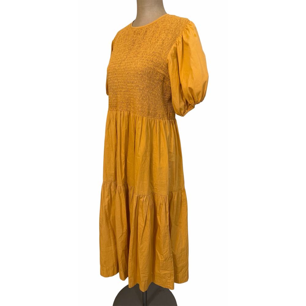 S/W/F Anthropologie Midi Dress Orange Cotton Smocked Bust Puff Sleeve Medium - Picture 5 of 7
